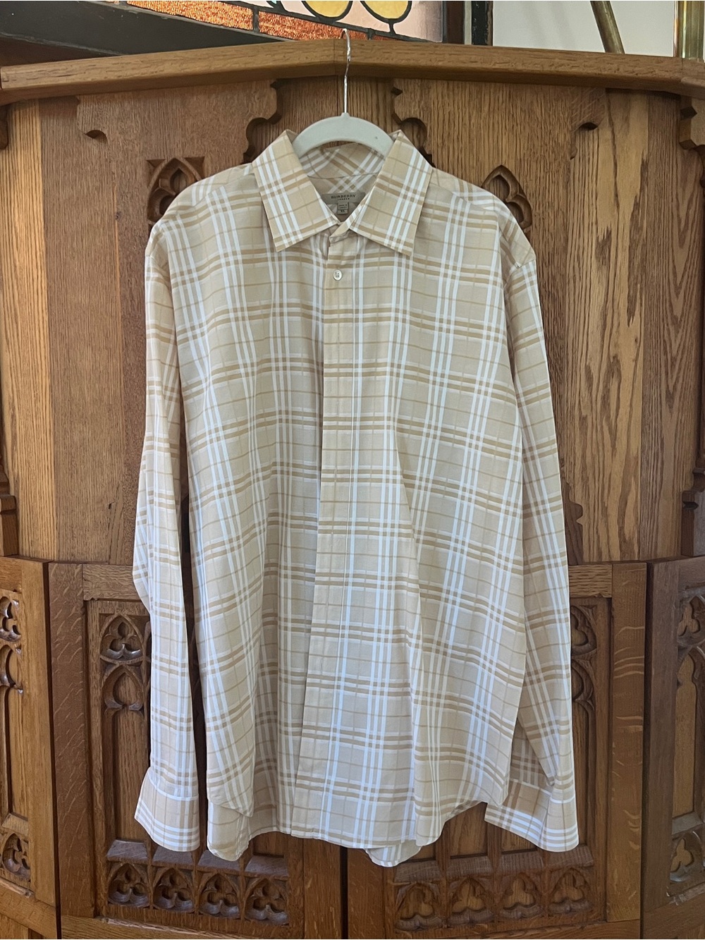 Burberry Beige and White Plaid Button-Down Shirt